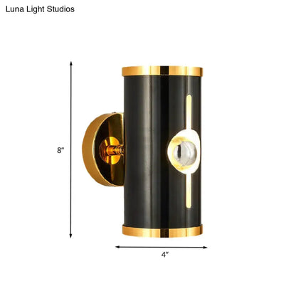 Decorbites black vertical wall sconce, cylindrical with gold trim crystal accent, 8in tall on Tampa Home & Garden Store