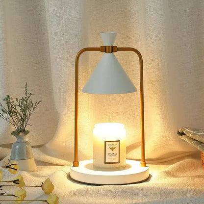 Modern candle warmer lamp by Decorbites, gold frame, white cone shade, white base on Tampa Home & Garden Store