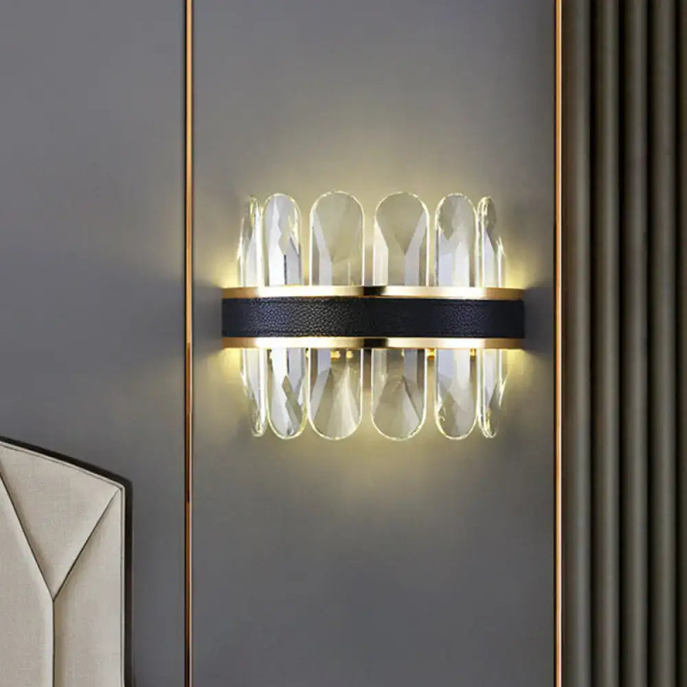 Black crystal half-cylinder wall lamp with black band and gold trims by Decorbites on Tampa Home & Garden Store