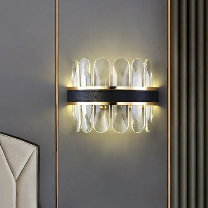 Black crystal half-cylinder wall lamp with black band and gold trims by Decorbites on Tampa Home & Garden Store