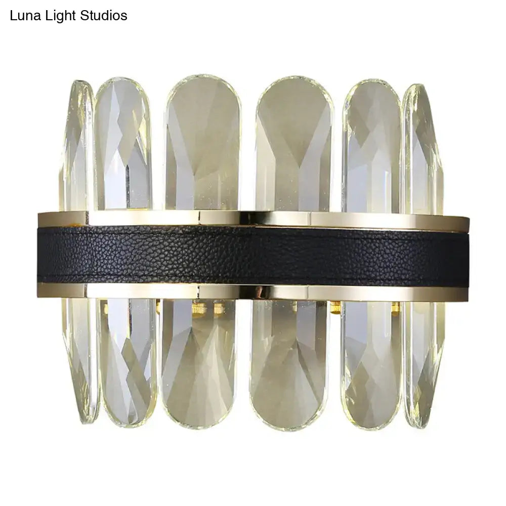 Black crystal half-cylinder wall lamp by Decorbites with gold-tone band and crystal prisms on Tampa Home & Garden Store