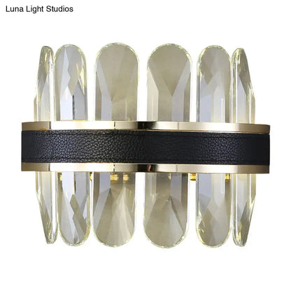 Black crystal half-cylinder wall lamp by Decorbites with gold-tone band and crystal prisms on Tampa Home & Garden Store