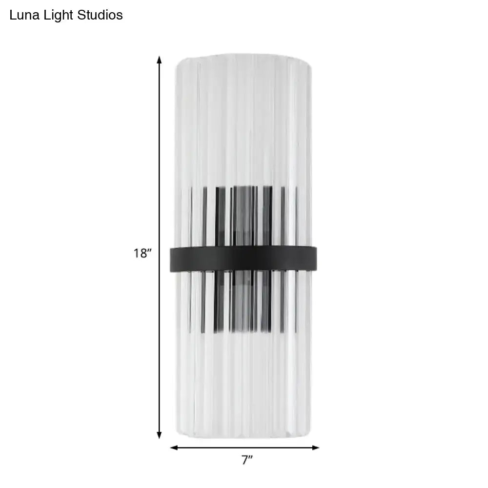 Black crystal wall sconce with ribbed glass cylinder and slim black band, 18in tall on Tampa Home & Garden Store