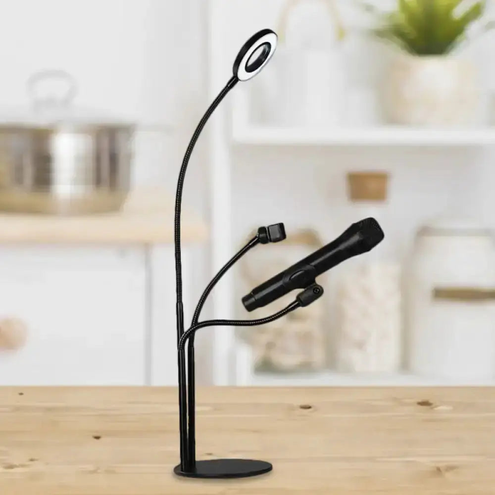 Decorbites black metal vanity light with circular LED ring and phone holder on Tampa Home & Garden Store
