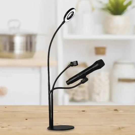 Decorbites black metal vanity light with circular LED ring and phone holder on Tampa Home & Garden Store