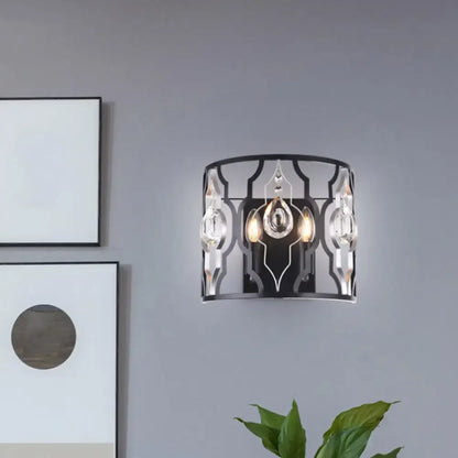 Black crystal droplet wall sconce with metal lattice frame and hanging prisms by Decorbites on Tampa Home & Garden Store