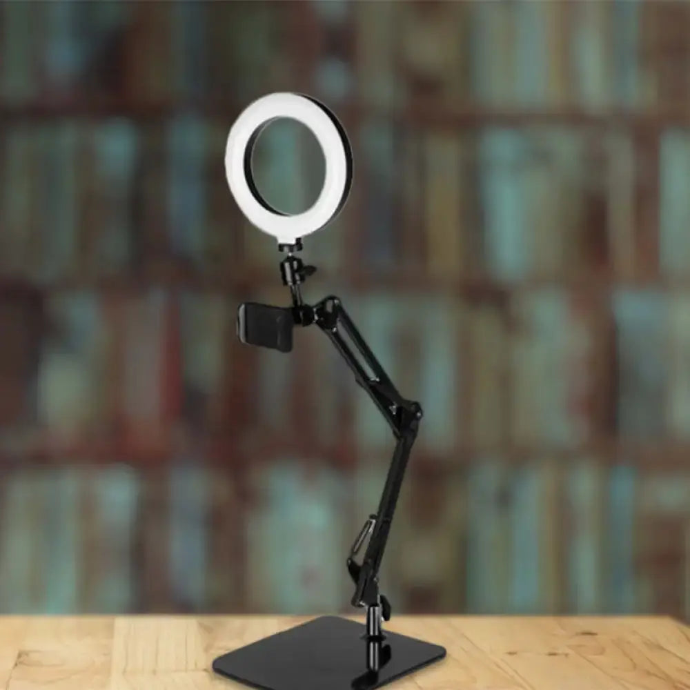 Black Metal Shade Lamp with circular LED ring light, adjustable arm and phone holder, desk mount on Tampa Home & Garden Store