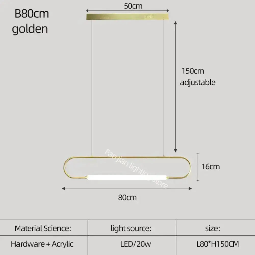 Pendant light modern Nordic gold bar with LED, 80cm long, brass frame, adjustable height 150cm on Tampa Home & Garden Store