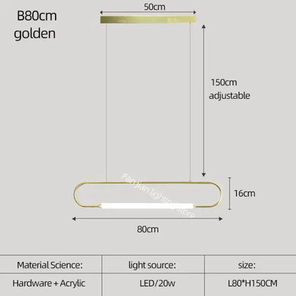 Pendant light modern Nordic gold bar with LED, 80cm long, brass frame, adjustable height 150cm on Tampa Home & Garden Store