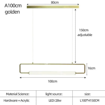 Gold metal bar pendant light with white LED tube, kitchen-ready Nordic style on Tampa Home & Garden Store