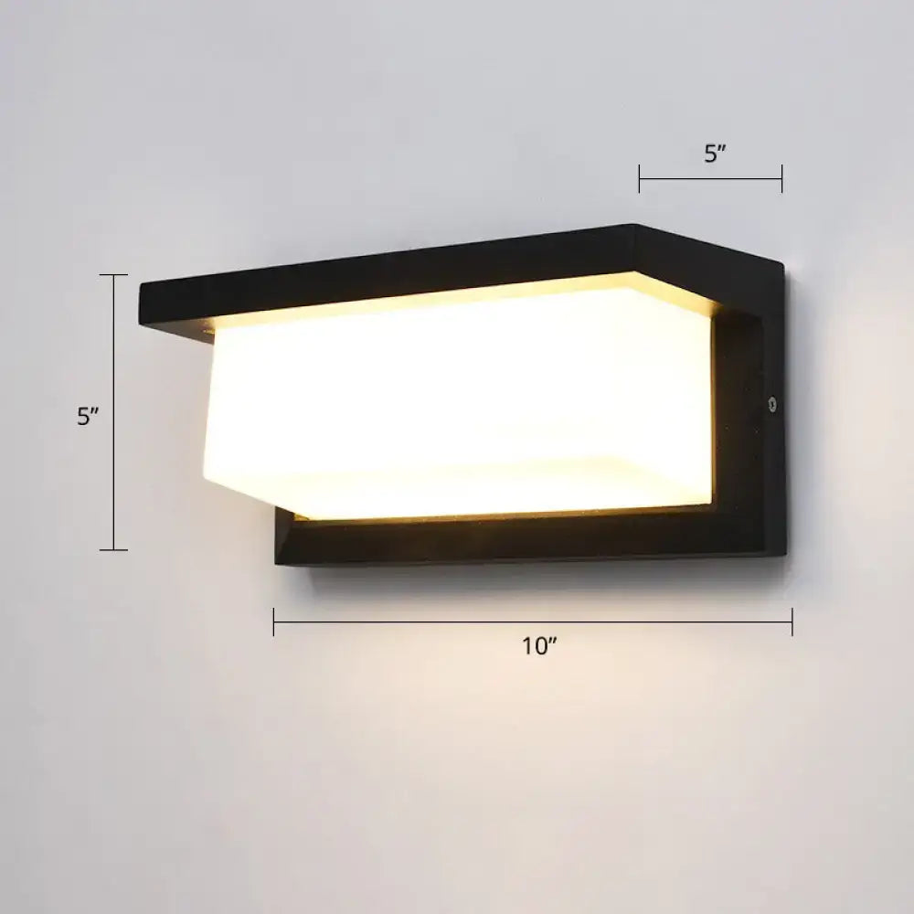 Decorbites black outdoor LED wall sconce with white frosted diffuser, 10in wide by 5in tall on Tampa Home & Garden Store