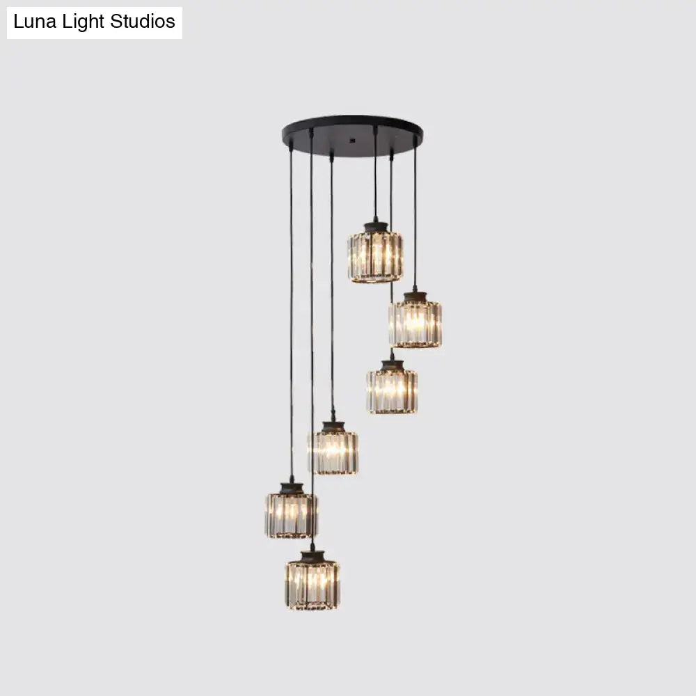 Black Crystal Cylindrical Stairway Pendant Light with five hanging glass shades on Tampa Home & Garden Store