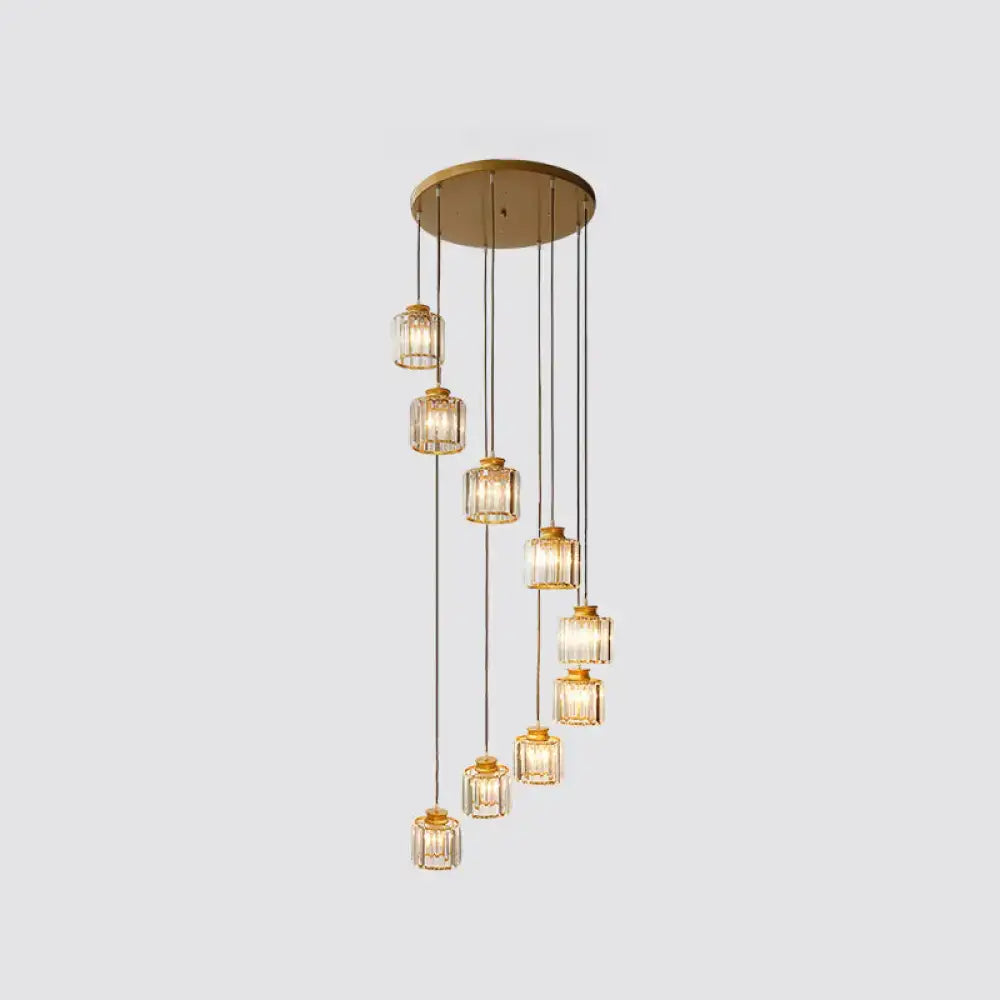 Black Crystal Cylindrical Stairway Pendant Light Decorbites, nine gold lanterns on cords on Tampa Home & Garden Store