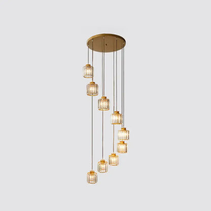 Black Crystal Cylindrical Stairway Pendant Light Decorbites, nine gold lanterns on cords on Tampa Home & Garden Store