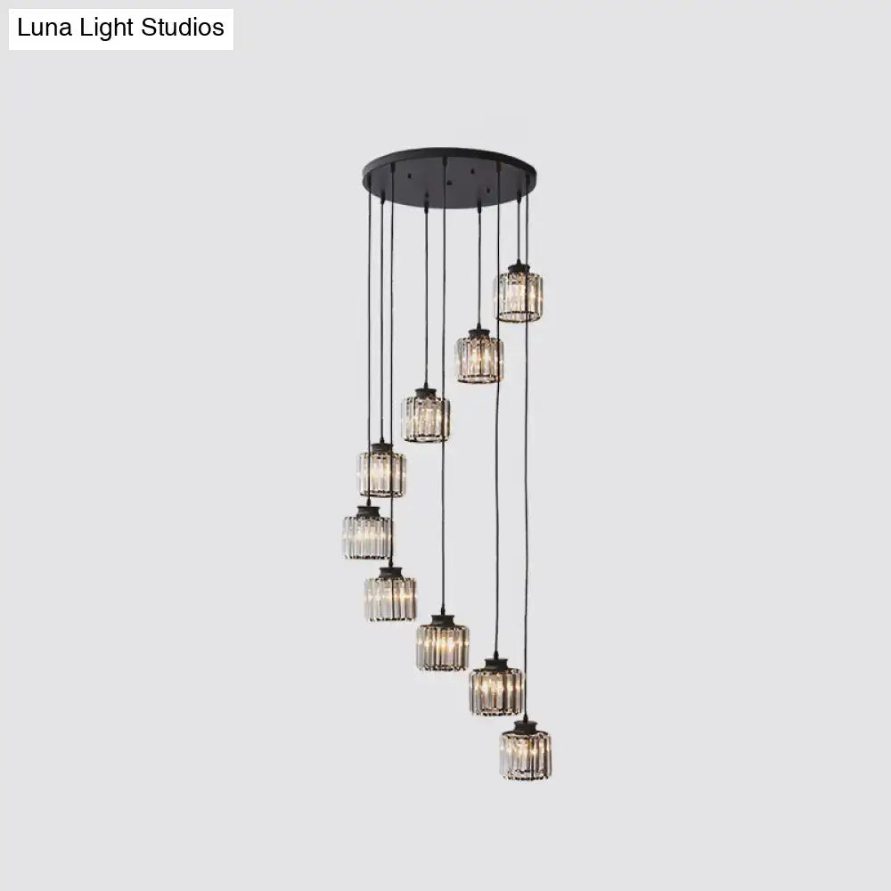 Black Crystal Cylindrical Stairway Pendant Light with ribbed glass lanterns on black cords on Tampa Home & Garden Store
