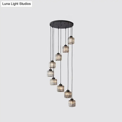 Black Crystal Cylindrical Stairway Pendant Light with ribbed glass lanterns on black cords on Tampa Home & Garden Store