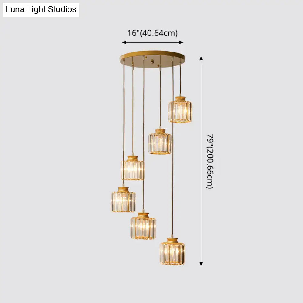 Black crystal cylindrical stairway pendant light, six-light, gold-tone crystal cylinders on Tampa Home & Garden Store