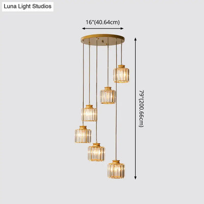 Black crystal cylindrical stairway pendant light, six-light, gold-tone crystal cylinders on Tampa Home & Garden Store