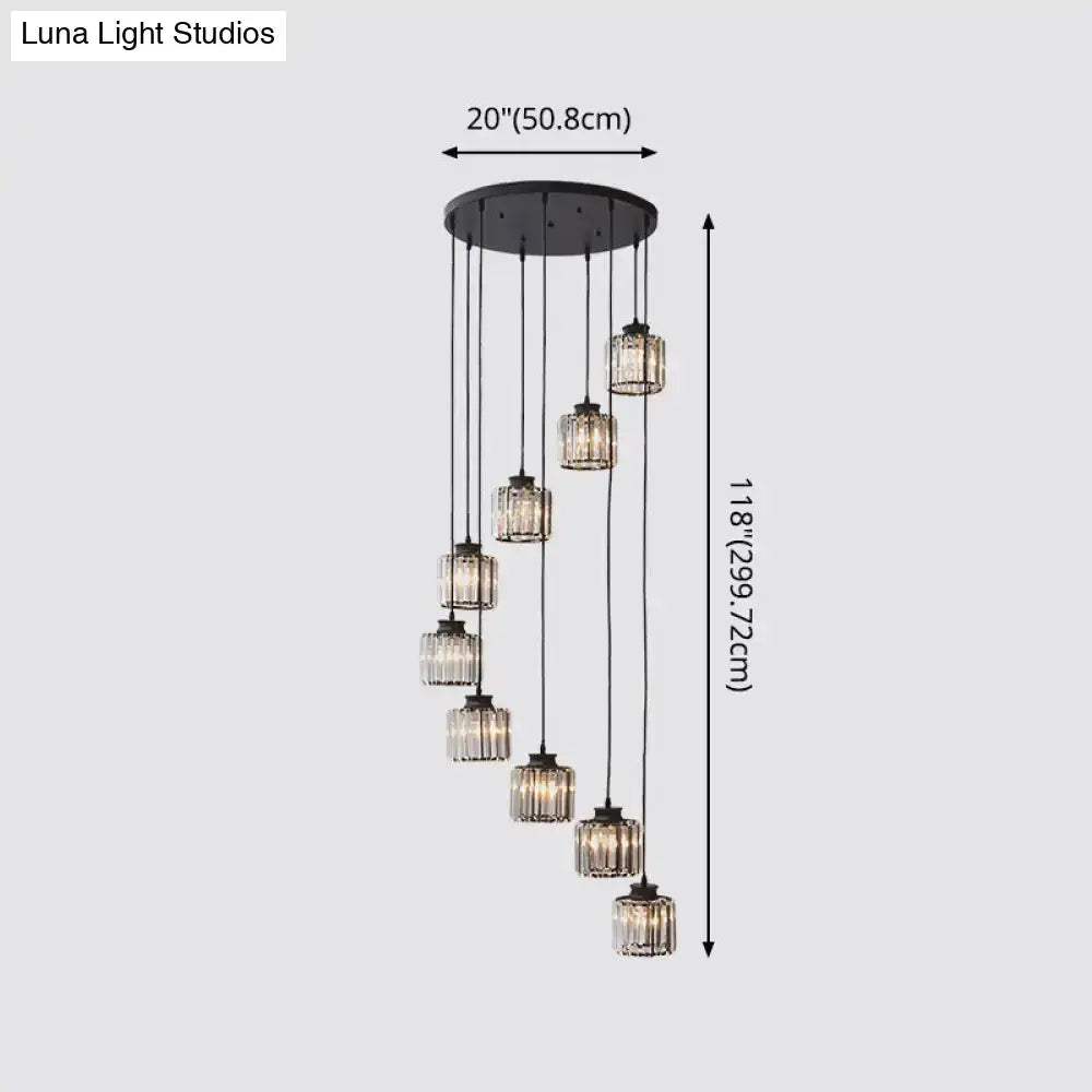 Black crystal cylindrical stairway pendant light with hanging crystal lanterns by Decorbites on Tampa Home & Garden Store