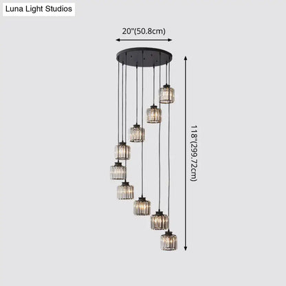 Black crystal cylindrical stairway pendant light with hanging crystal lanterns by Decorbites on Tampa Home & Garden Store