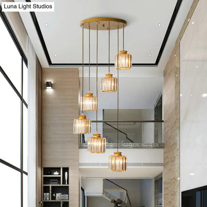 Black Crystal Cylindrical Stairway Pendant Light by Decorbites; six gold-tone crystal pendants on Tampa Home & Garden Store