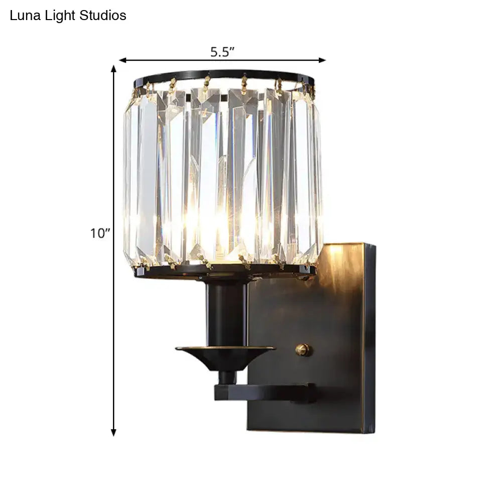 Decorbites black crystal cylindrical wall sconce with clear prism shade, 10 in tall on Tampa Home & Garden Store