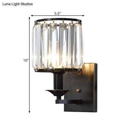 Decorbites black crystal cylindrical wall sconce with clear prism shade, 10 in tall on Tampa Home & Garden Store