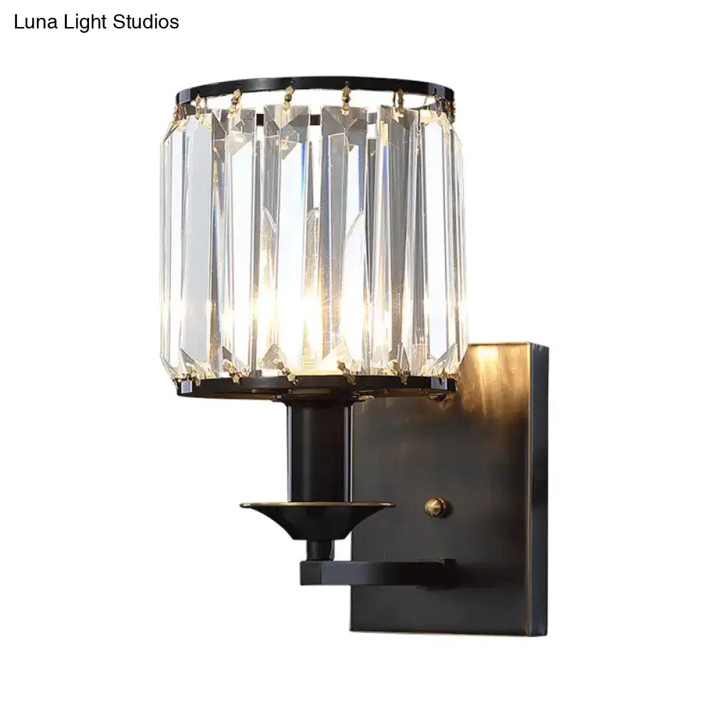 Black Crystal Cylindrical Wall Sconce with crystal shade on black metal mount by Decorbites on Tampa Home & Garden Store
