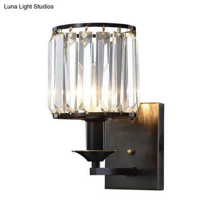 Black Crystal Cylindrical Wall Sconce with crystal shade on black metal mount by Decorbites on Tampa Home & Garden Store