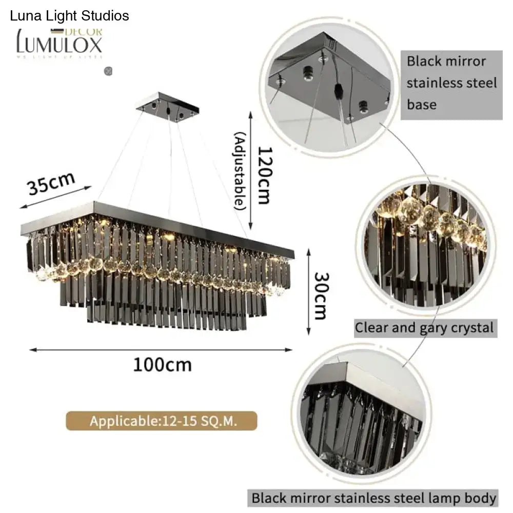 Black Crystal Rectangle Chandelier by Decorbites, black mirror steel base with crystal strands on Tampa Home & Garden Store