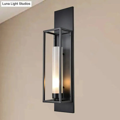 Modern black rectangular wall lamp with glass shade and metal frame Luna Light Studios watermark on Tampa Home & Garden Store