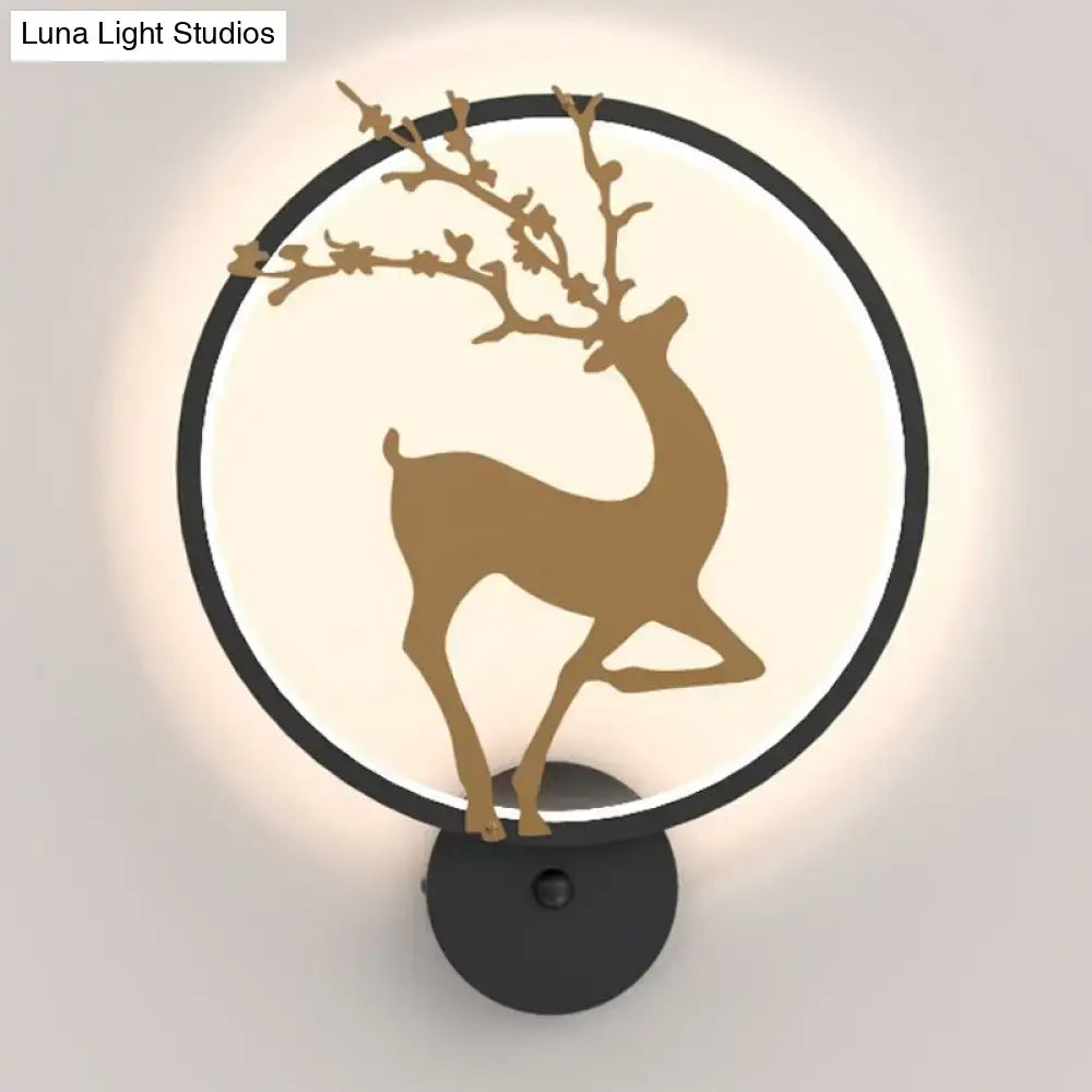 Black Ring Elk Sconce with gold antlered elk silhouette, wall-mounted circular halo light on Tampa Home & Garden Store