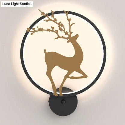 Black Ring Elk Sconce with gold antlered elk silhouette, wall-mounted circular halo light on Tampa Home & Garden Store
