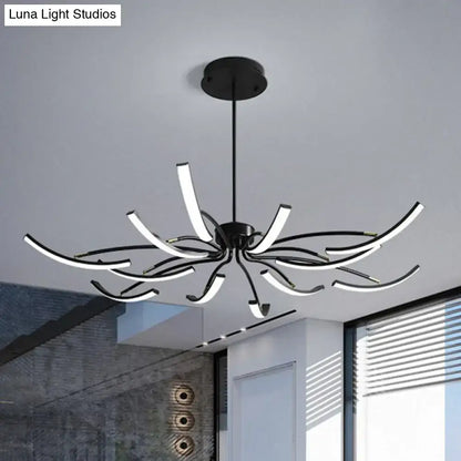 Black Rotating LED Chandelier with curved black metal arms, modern ceiling light on Tampa Home & Garden Store