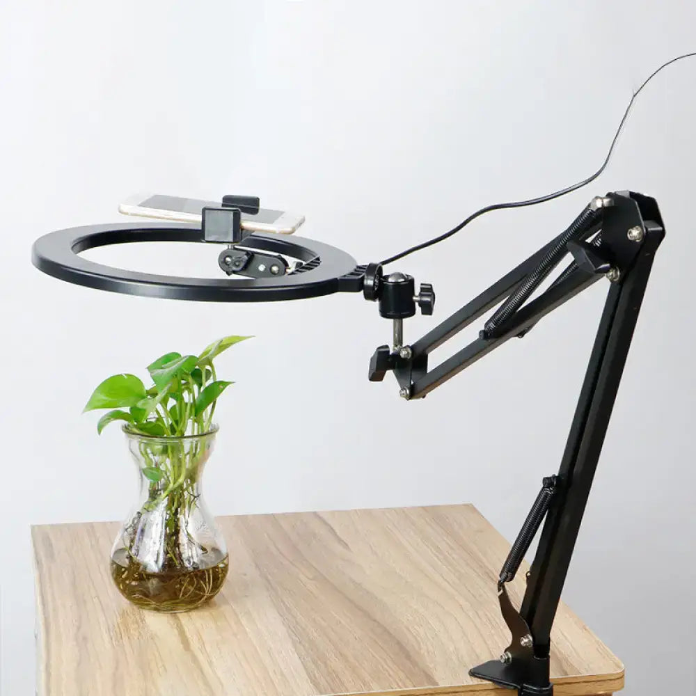 Black Swing Arm Mirror Light by Decorbites with circular ring and phone holder on Tampa Home & Garden Store