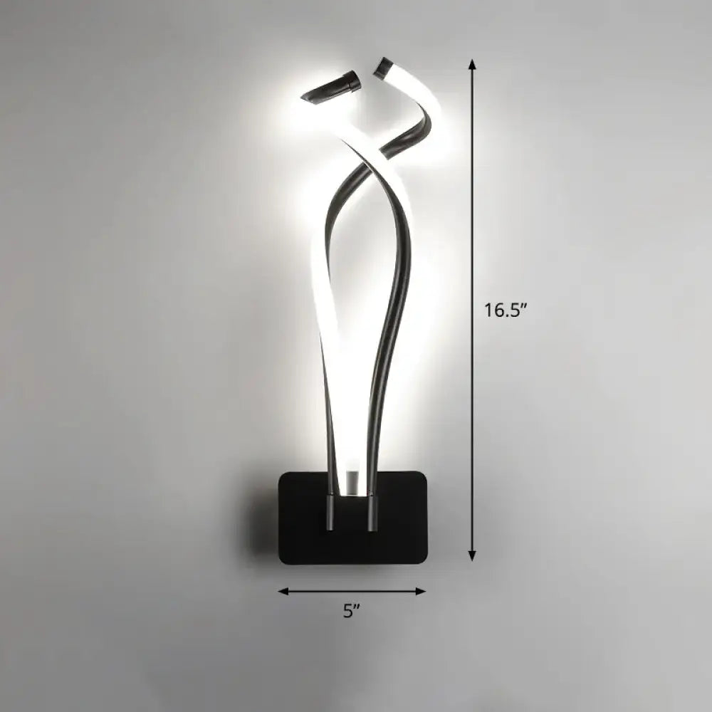 Black Spiral LED Sconce with two twisting light tubes and black backplate on Tampa Home & Garden Store