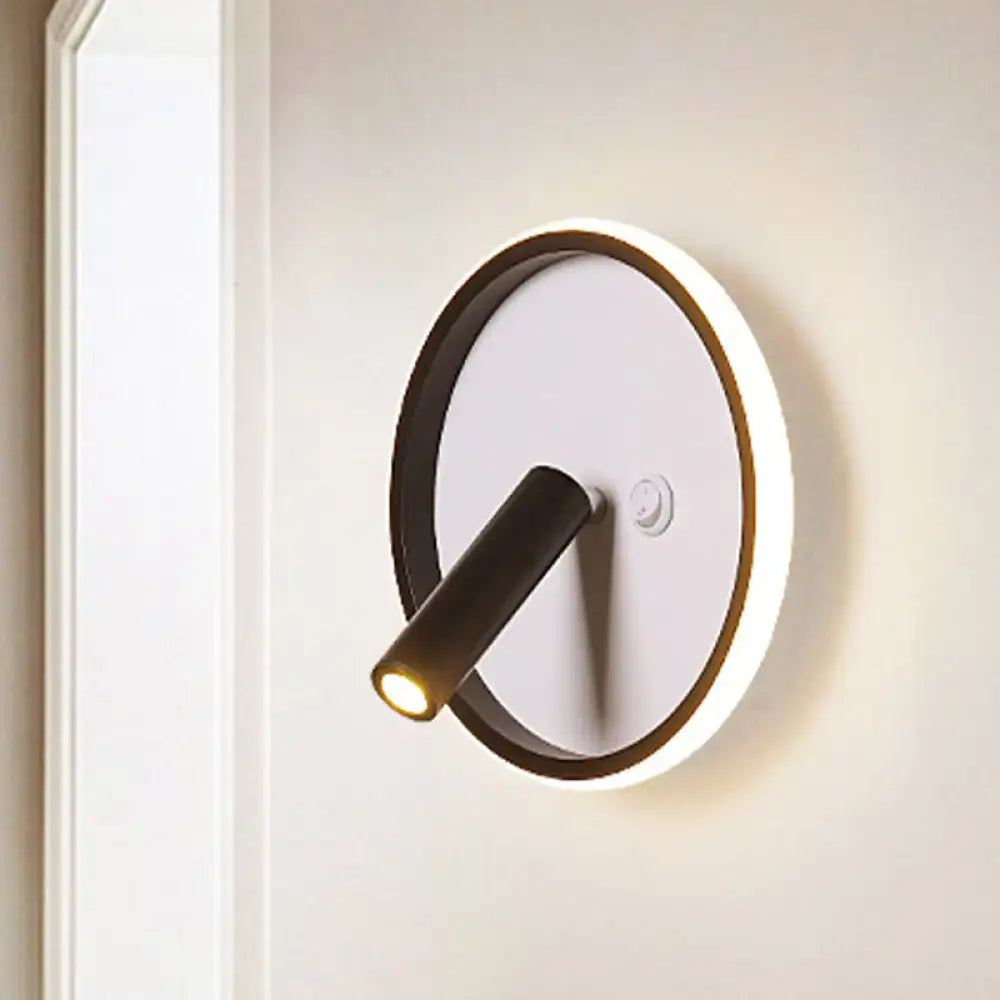Warm Light Wall Sconce by Decorbites, white round backplate with black arm, warm LED glow on Tampa Home & Garden Store