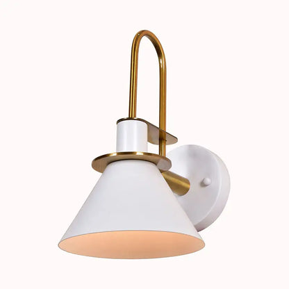 Brass pyramid wall sconce with white conical shade and curved gold arm by Decorbites on Tampa Home & Garden Store