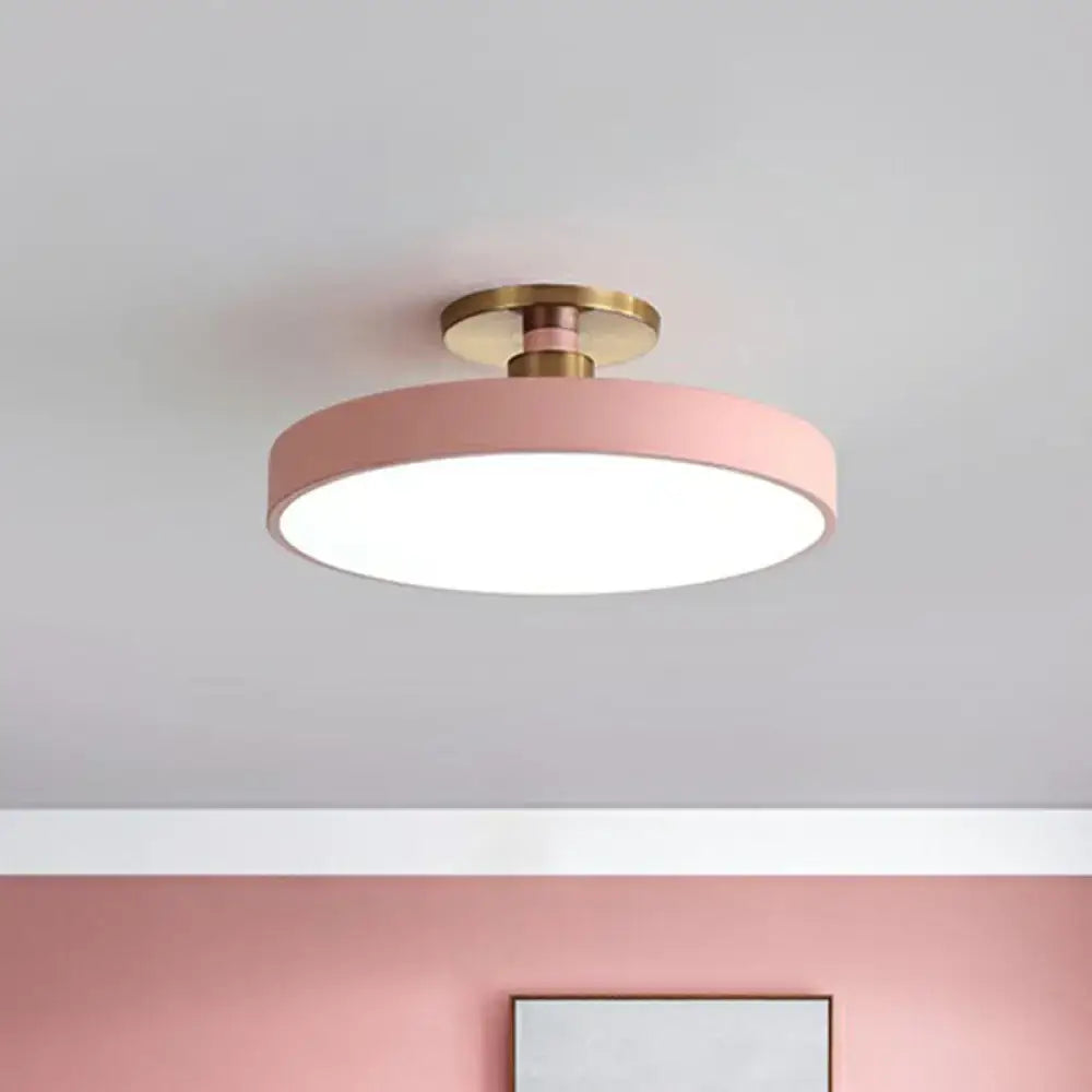 Round pink flush mount ceiling light with brass hardware by Decorbites for bedroom on Tampa Home & Garden Store