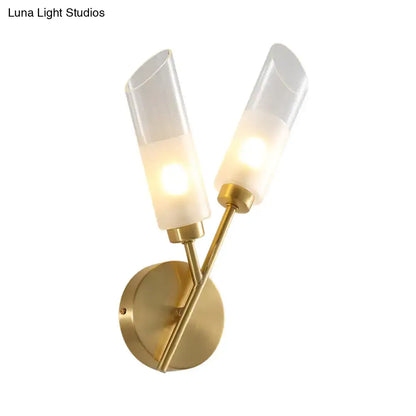 Brass Glass Two-Light Wall Sconce with frosted cylindrical shades and dual arms on Tampa Home & Garden Store
