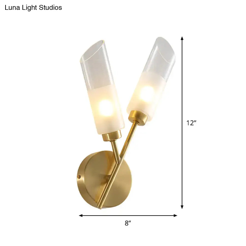 Brass glass two-light wall sconce Decorbites, gold finish frosted glass shades, wall mounted on Tampa Home & Garden Store