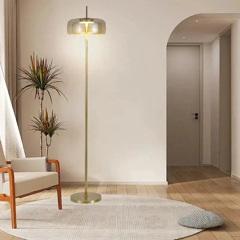 Modern Brass and Amber Glass Floor Lamp Led