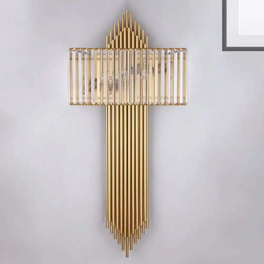 Modern brass and crystal rectangular wall sconce Decorbites with gold rods and crystal shade on Tampa Home & Garden Store