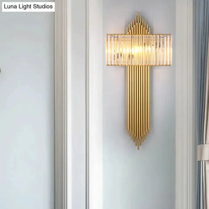 Brass wall sconce with rectangular crystal shade, gold finish for bedroom decor on Tampa Home & Garden Store