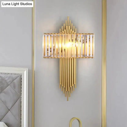 Modern brass and crystal rectangular wall sconce with gold-tone bars by Decorbites for bedroom on Tampa Home & Garden Store