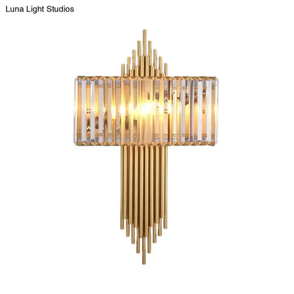 Brass and crystal rectangular wall sconce with vertical prisms for bedroom decor on Tampa Home & Garden Store