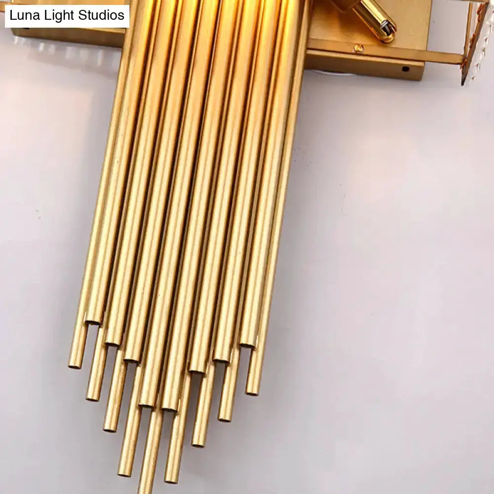 Modern brass wall light with vertical gold rods in a rectangular design for bedroom Decorbites on Tampa Home & Garden Store