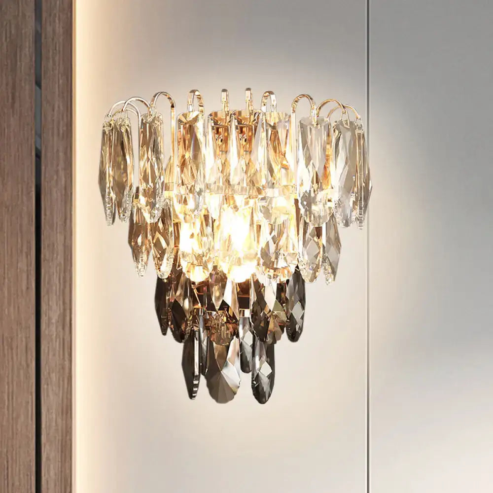 Crystal Tiered Wall Sconce by Decorbites with clear crystal drops and gold-tone finish on wall on Tampa Home & Garden Store