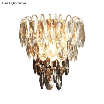 Crystal Tiered Wall Sconce by Decorbites with gold-tone frame and amber-to-clear faceted prisms on Tampa Home & Garden Store
