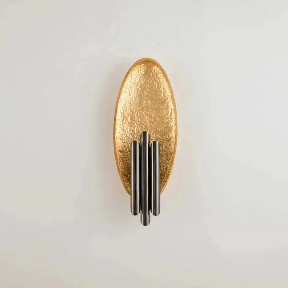Brass Glass Direct-Wired Wall Sconce with hammered oval backplate and vertical dark metal tubes on Tampa Home & Garden Store
